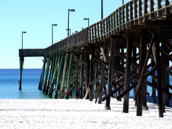 Wooden pier stretches across the white sand of Panama City Beach, FL and out into the Gulf of Mexico. Panama City Beach photos