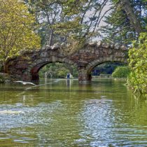 Rock bridges cross over Stow Lake in the Golden Gate park of San Francisco, California.