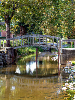 Wooden walking bridge over a creek in Elizabethton, Tennessee.